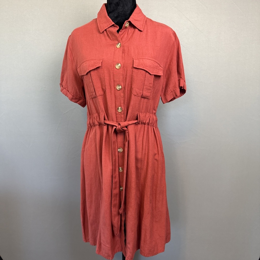 QED Rust Color Linen Blend Dress Front Tie Size 8